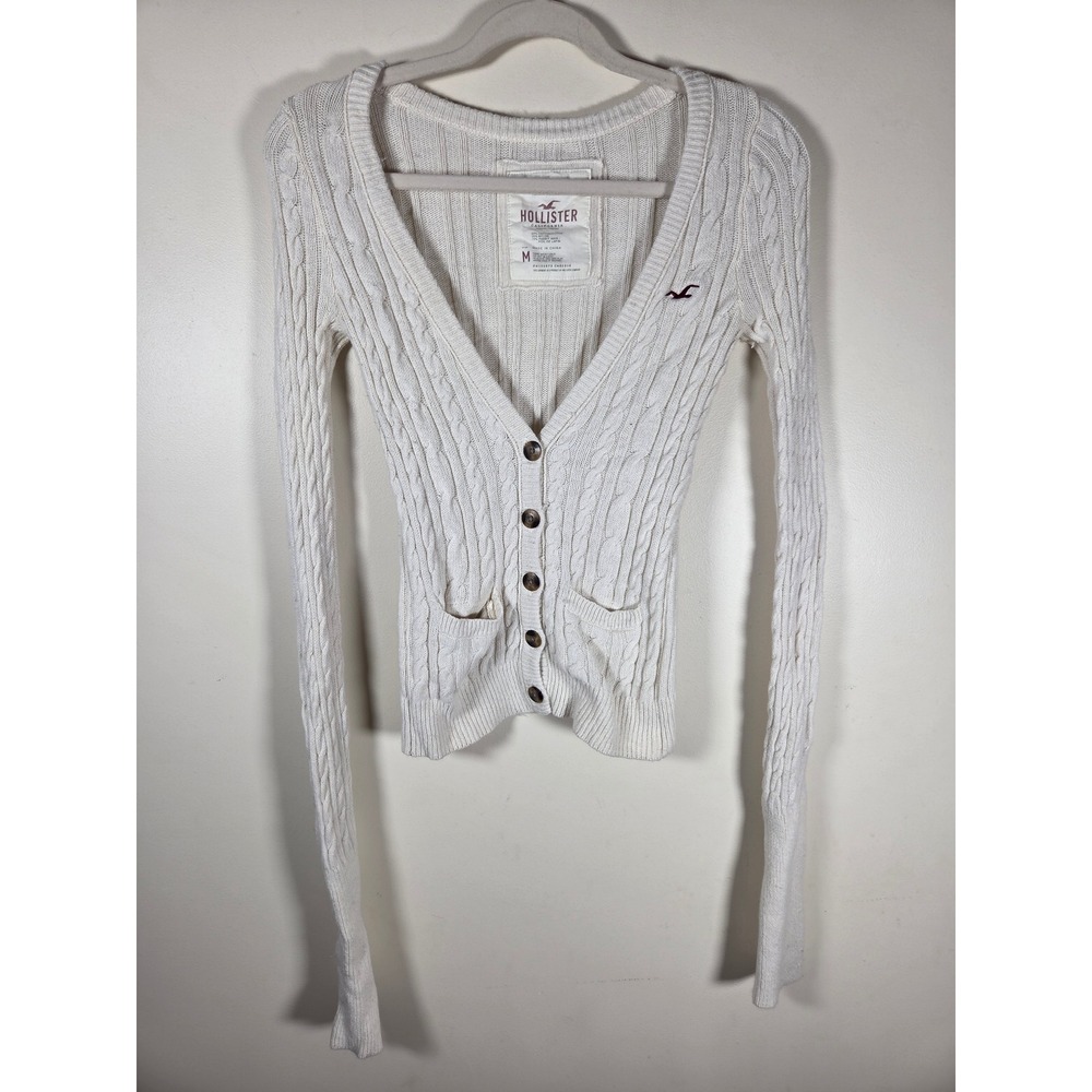 Hollister Cardigan Sweater Womens Medium White Cable Knit Rabbit Hair Y2K Preppy